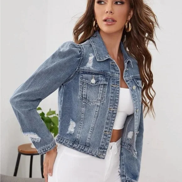 Boho Distressed Ripped Cropped Denim Jeans Jacket - Picture 5 of 5